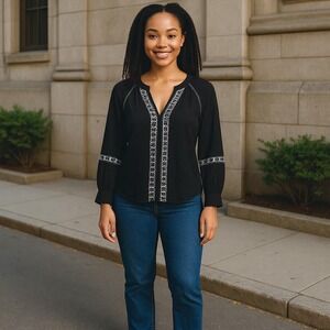PAIGE Blouse Top Medium Black Embroidered‎ Long Sleeve Boho Sheer 100% Cotton
